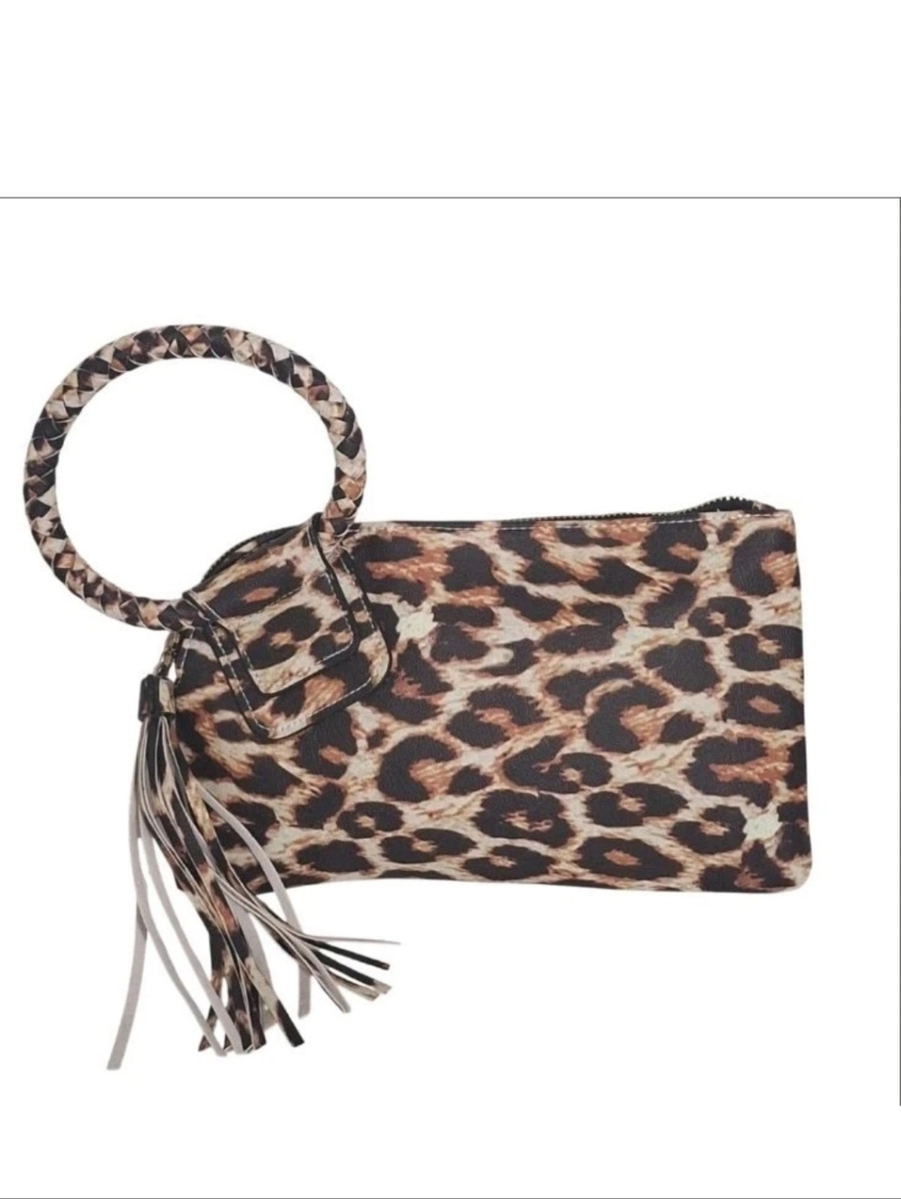 NGIL Leopard Print Faux Leather Bangle Clutch With Tassel Zipper Large Wristlet